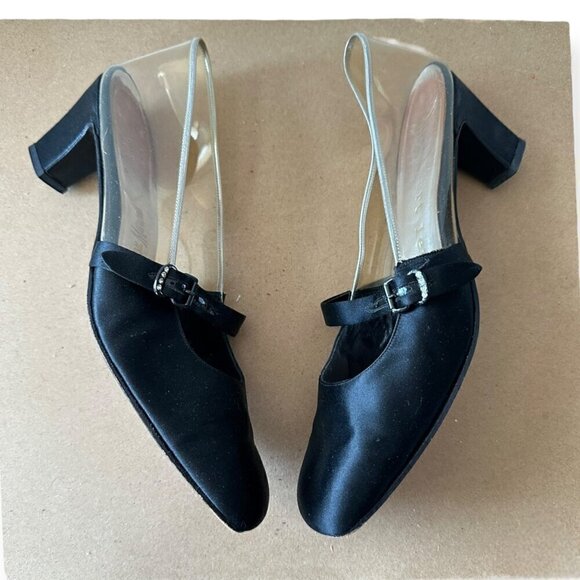 Vintage 60s Herbert Levine Mod Black Satin Clear‎ Vinyl Pumps, Size 7.5 AA - Picture 6 of 14
